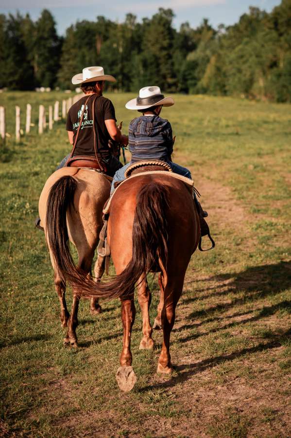 a ranch guide leads a young rider along the trail towards the distant tree-line at J and H Ranch